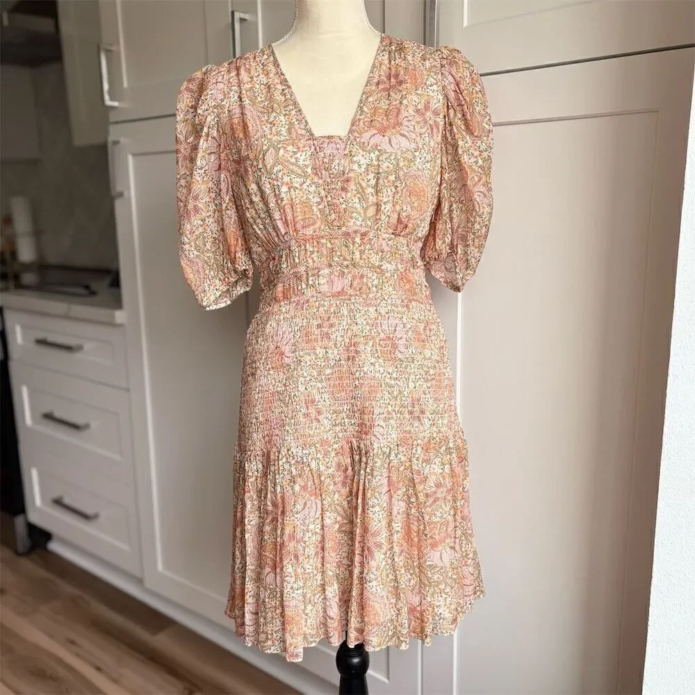 Shoshanna Women's Aubrey Puff Sleeve Smocked Mini Dress Size 6 Multicolored